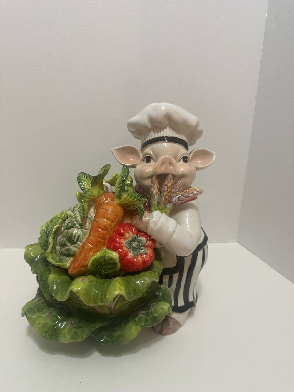 Ceramic Chef Piggy Cookie Jar with Colorful Veggie Basket